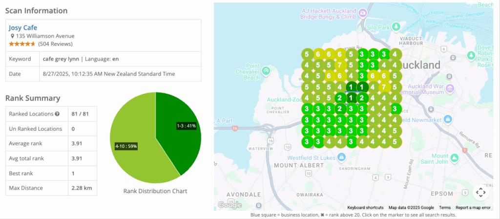 Heat map showing Google Maps ranking positions across a service area